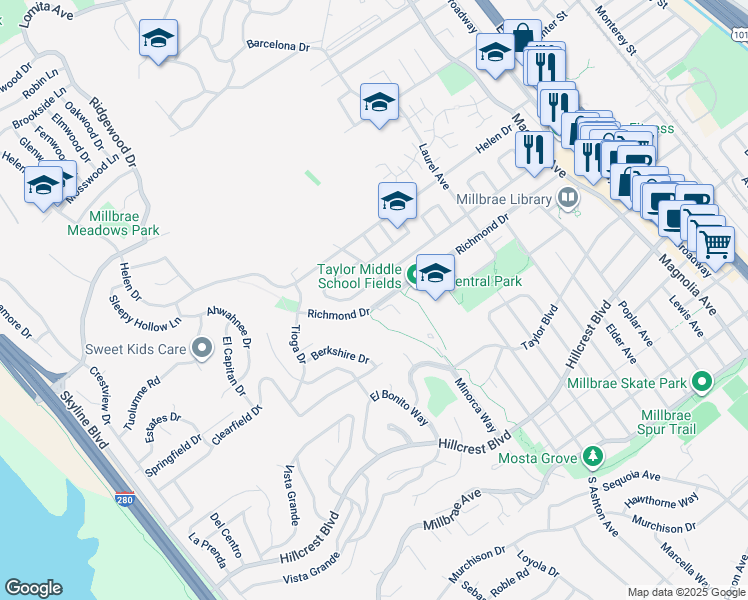 map of restaurants, bars, coffee shops, grocery stores, and more near 515 Anita Lane in Millbrae
