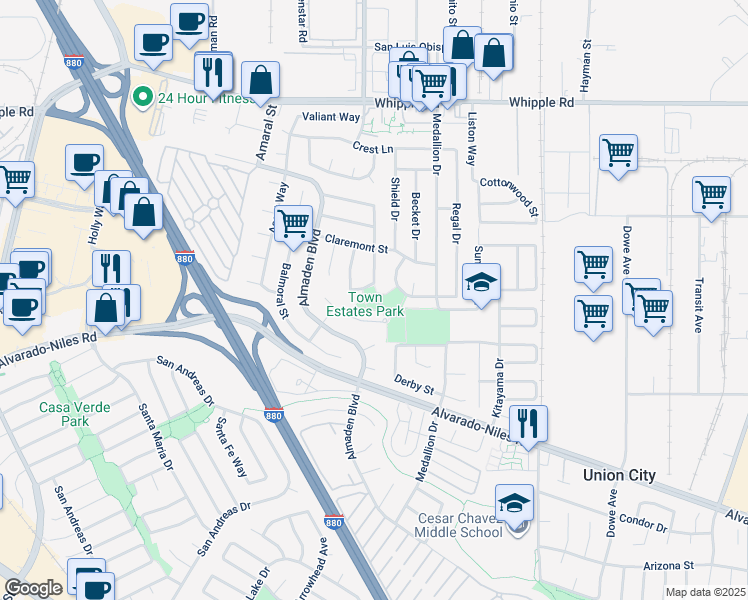 map of restaurants, bars, coffee shops, grocery stores, and more near 2438 Andover Drive in Union City