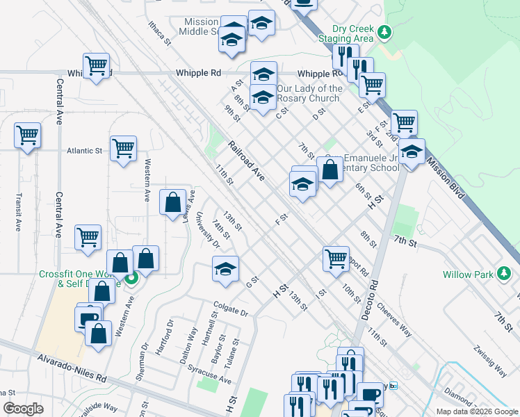 map of restaurants, bars, coffee shops, grocery stores, and more near 33502 11th Street in Union City