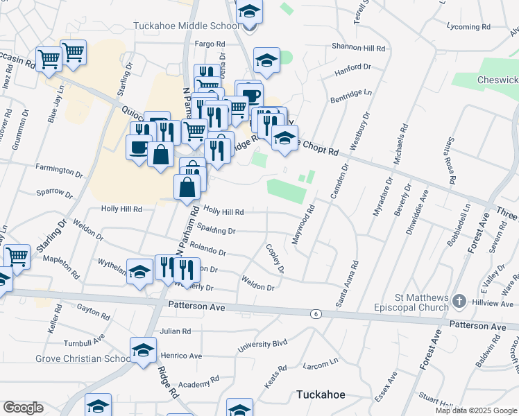 map of restaurants, bars, coffee shops, grocery stores, and more near 8502 Holly Hill Road in Richmond