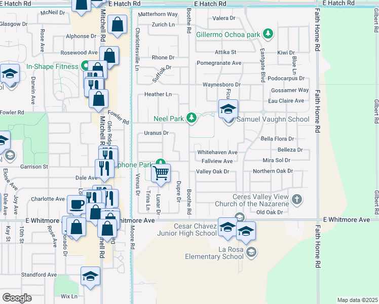 map of restaurants, bars, coffee shops, grocery stores, and more near Boothe Road & Whitehaven Avenue in Ceres