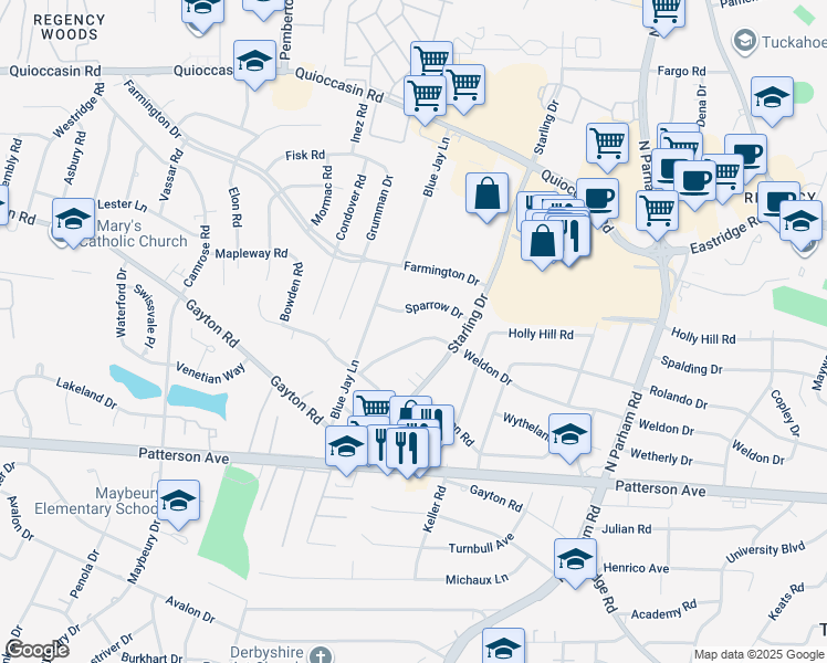 map of restaurants, bars, coffee shops, grocery stores, and more near 9012 Weldon Drive in Richmond
