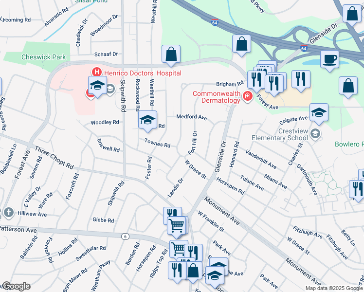 map of restaurants, bars, coffee shops, grocery stores, and more near 1505 Brigham Road in Richmond