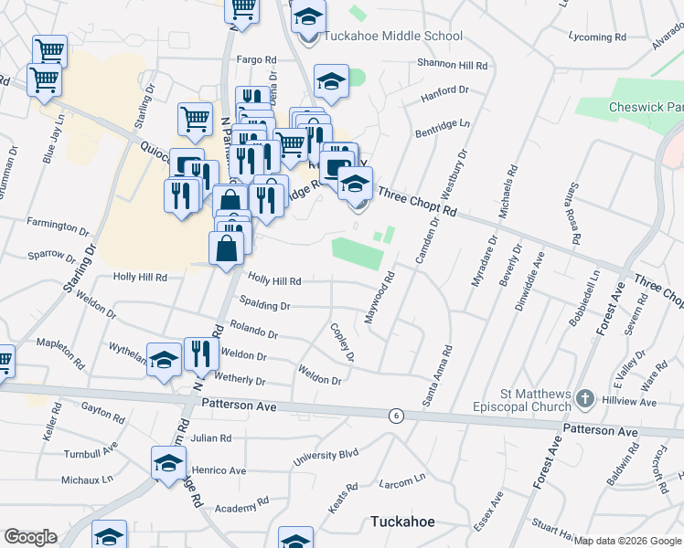 map of restaurants, bars, coffee shops, grocery stores, and more near 8411 Holly Hill Road in Richmond