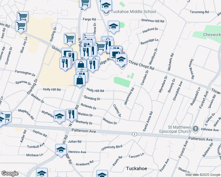 map of restaurants, bars, coffee shops, grocery stores, and more near 8502 Holly Hill Road in Richmond