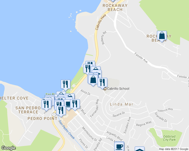 map of restaurants, bars, coffee shops, grocery stores, and more near in Pacifica