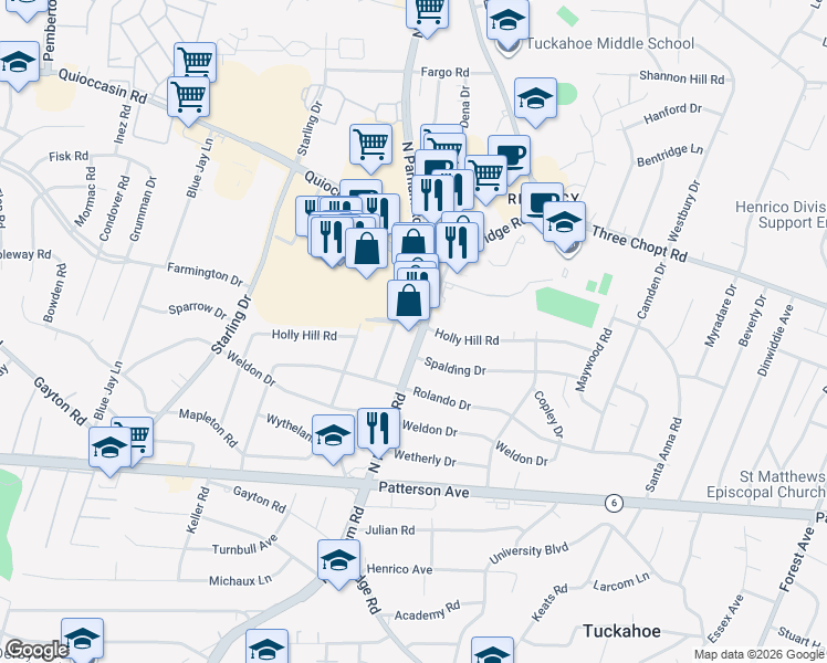 map of restaurants, bars, coffee shops, grocery stores, and more near 1311 Saint Michaels Lane in Richmond
