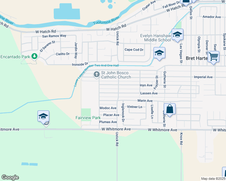 map of restaurants, bars, coffee shops, grocery stores, and more near 2101 Ustick Road in Modesto