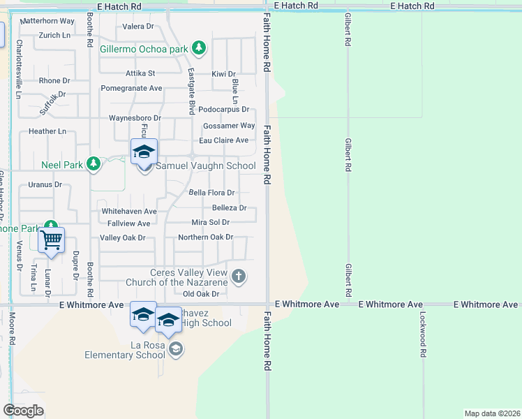 map of restaurants, bars, coffee shops, grocery stores, and more near 2044 Travesia Lane in Ceres