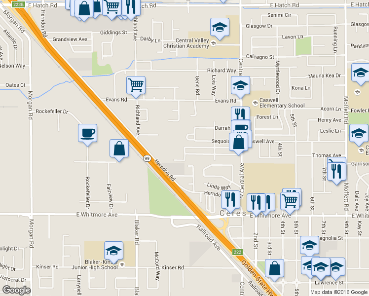 map of restaurants, bars, coffee shops, grocery stores, and more near 1912 Hollister Street in Ceres