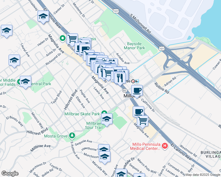 map of restaurants, bars, coffee shops, grocery stores, and more near 145 Magnolia Avenue in Millbrae