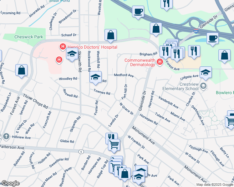 map of restaurants, bars, coffee shops, grocery stores, and more near 1505 Brigham Road in Richmond