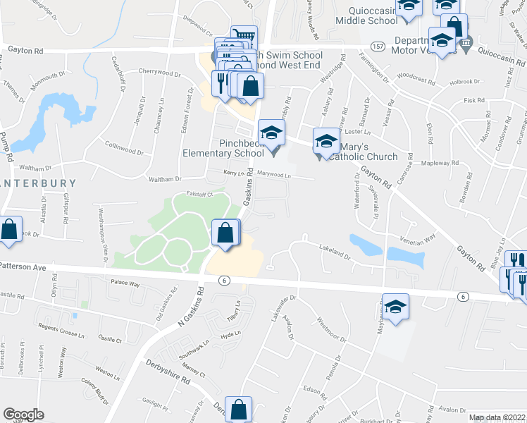 map of restaurants, bars, coffee shops, grocery stores, and more near 1217 Gaskins Road in Henrico