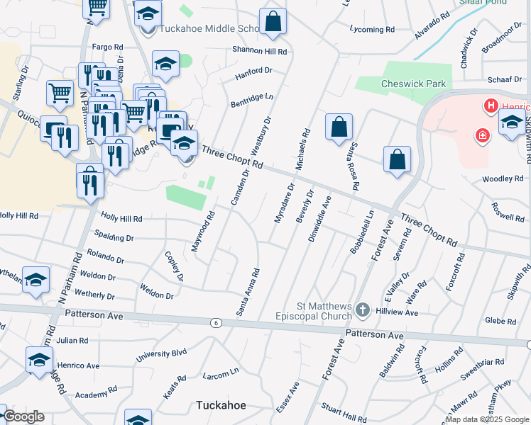 map of restaurants, bars, coffee shops, grocery stores, and more near 1409 Coronet Drive in Richmond