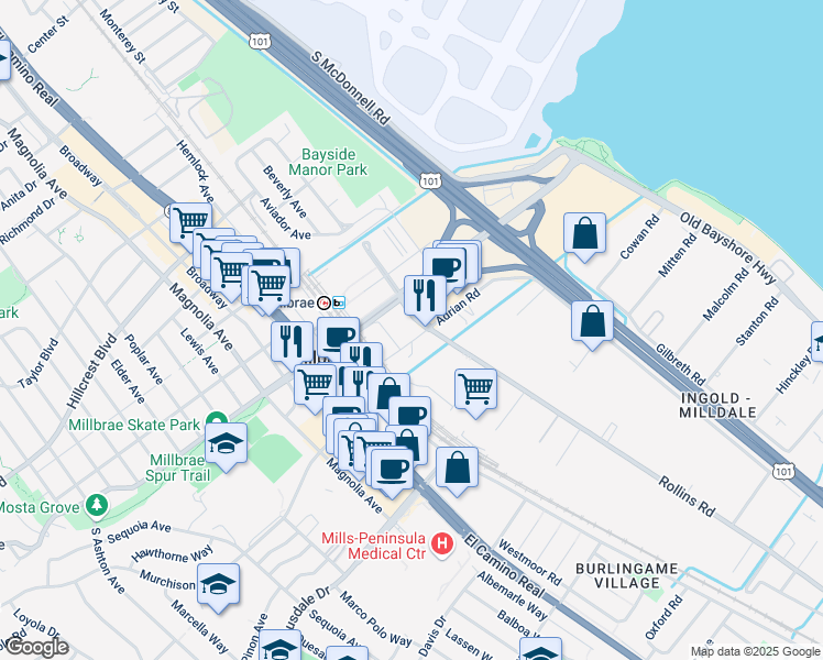 map of restaurants, bars, coffee shops, grocery stores, and more near 235-299 Adrian Rd in Millbrae