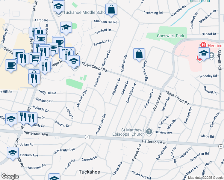 map of restaurants, bars, coffee shops, grocery stores, and more near 1412 Myradare Drive in Henrico