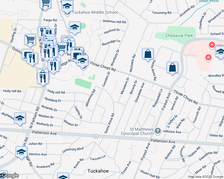 map of restaurants, bars, coffee shops, grocery stores, and more near 1404 Coronet Drive in Richmond