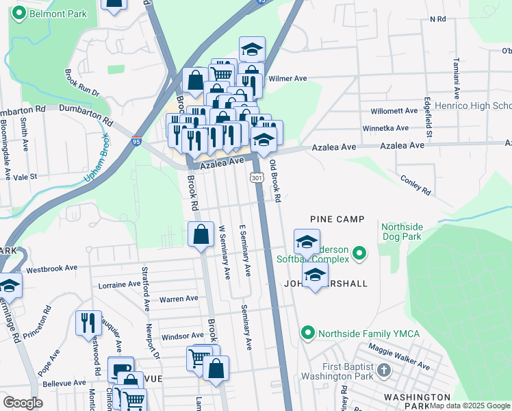 map of restaurants, bars, coffee shops, grocery stores, and more near 4832 Chamberlayne Avenue in Richmond