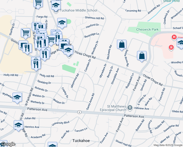 map of restaurants, bars, coffee shops, grocery stores, and more near 1404 Coronet Drive in Richmond