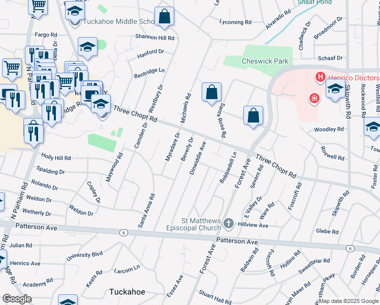 map of restaurants, bars, coffee shops, grocery stores, and more near 1405 Beverly Drive in Henrico