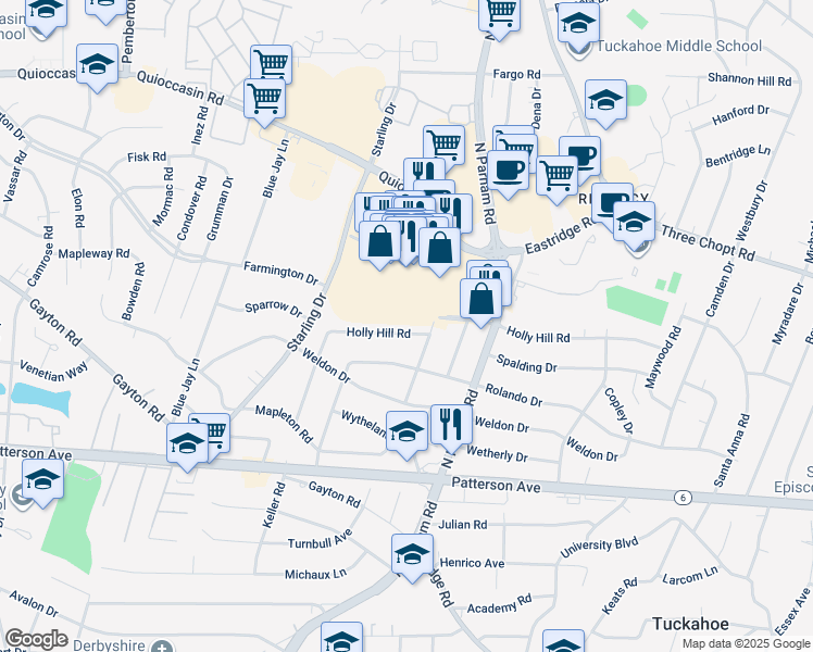 map of restaurants, bars, coffee shops, grocery stores, and more near 8706 Holly Hill Road in Richmond