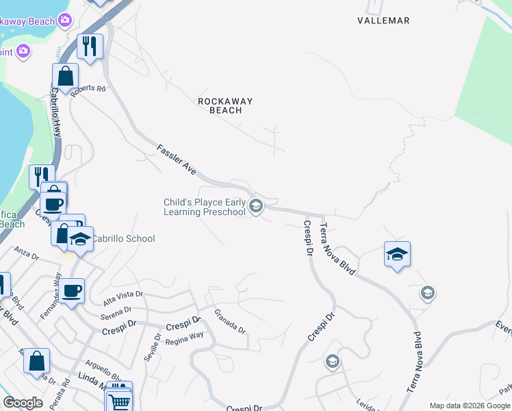 map of restaurants, bars, coffee shops, grocery stores, and more near 26 Driftwood Court in Pacifica