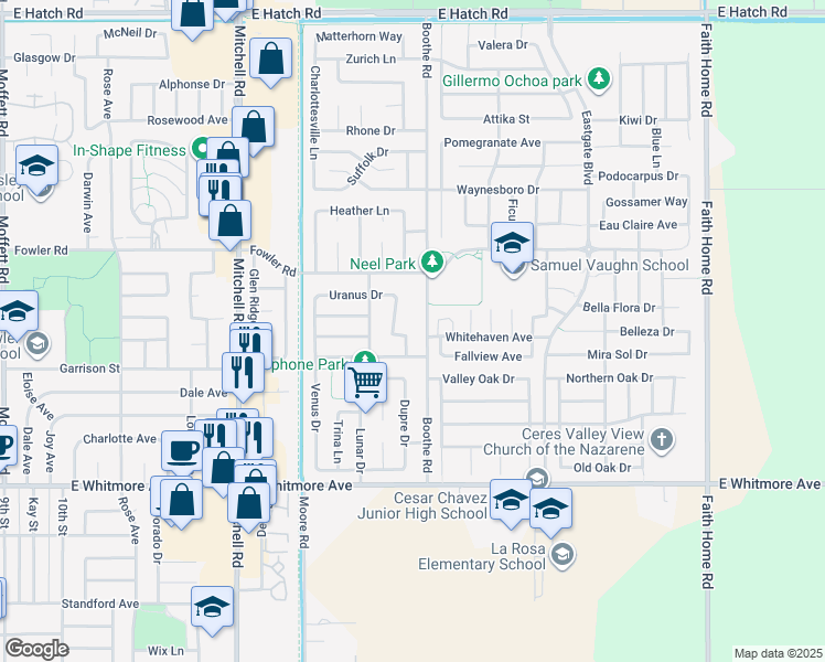 map of restaurants, bars, coffee shops, grocery stores, and more near 2036 Milky Way in Ceres