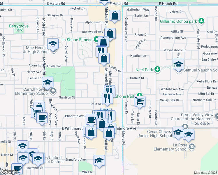 map of restaurants, bars, coffee shops, grocery stores, and more near 2017 Mitchell Road in Ceres