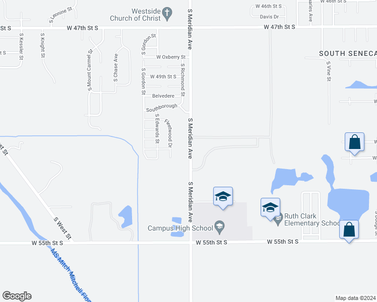 map of restaurants, bars, coffee shops, grocery stores, and more near 4975-5287 South Meridian Avenue in Wichita