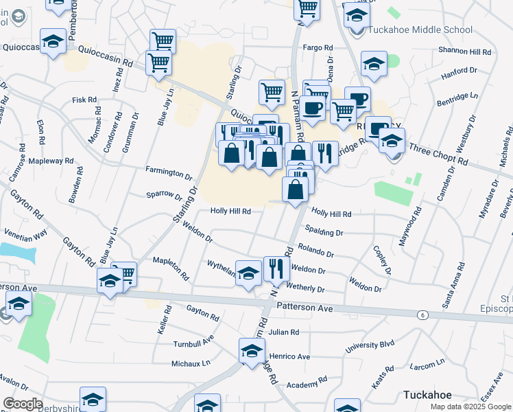 map of restaurants, bars, coffee shops, grocery stores, and more near 1309 Townley Road in Richmond
