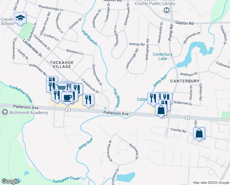 map of restaurants, bars, coffee shops, grocery stores, and more near 1169-1199 Careybrook Drive in Henrico
