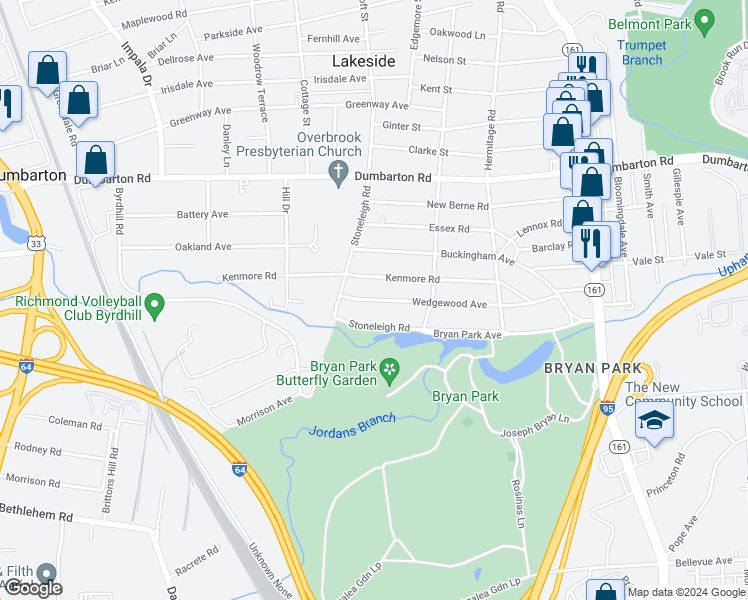 map of restaurants, bars, coffee shops, grocery stores, and more near 2421 Wedgewood Avenue in Henrico