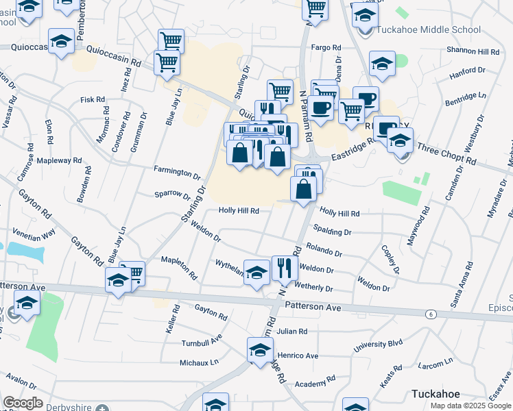 map of restaurants, bars, coffee shops, grocery stores, and more near 8706 Holly Hill Road in Richmond