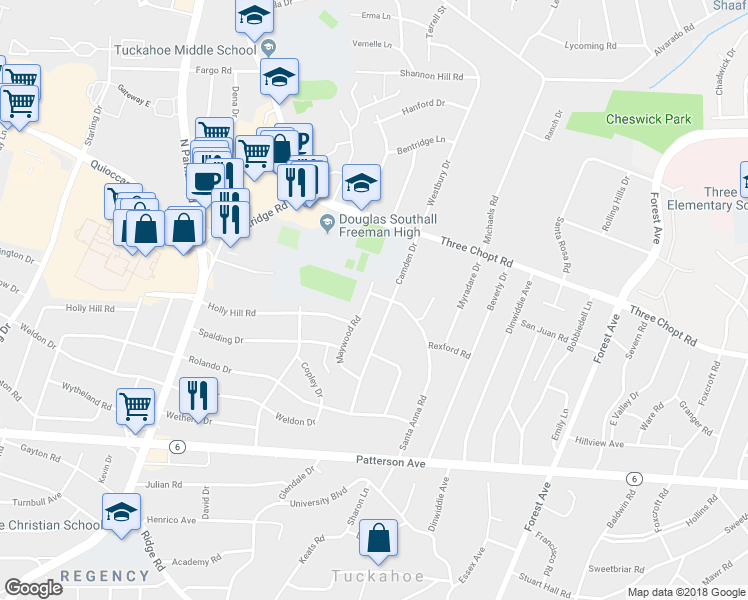map of restaurants, bars, coffee shops, grocery stores, and more near 1313 Camden Drive in Richmond