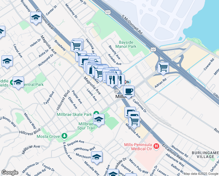map of restaurants, bars, coffee shops, grocery stores, and more near 151 El Camino Real in Millbrae