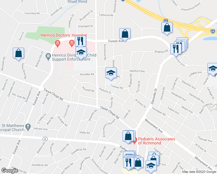 map of restaurants, bars, coffee shops, grocery stores, and more near 7409 Parkline Drive in Richmond