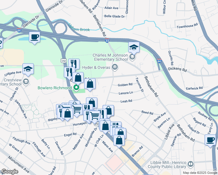 map of restaurants, bars, coffee shops, grocery stores, and more near 5423 Falmouth Street in Richmond