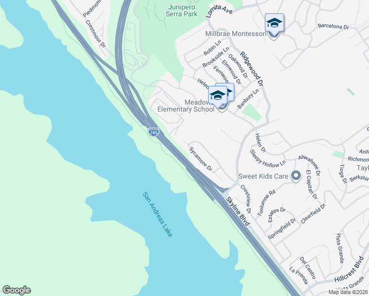 map of restaurants, bars, coffee shops, grocery stores, and more near 1089 Sycamore Drive in Millbrae
