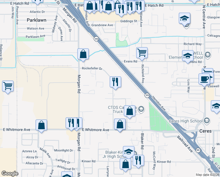 map of restaurants, bars, coffee shops, grocery stores, and more near 2025 Rockefeller Dr in Ceres