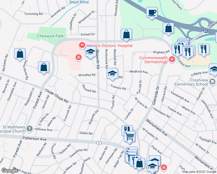 map of restaurants, bars, coffee shops, grocery stores, and more near 7409 Parkline Drive in Richmond