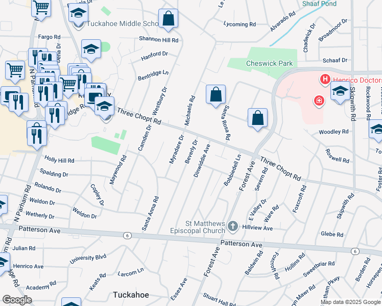 map of restaurants, bars, coffee shops, grocery stores, and more near 1405 Beverly Drive in Henrico