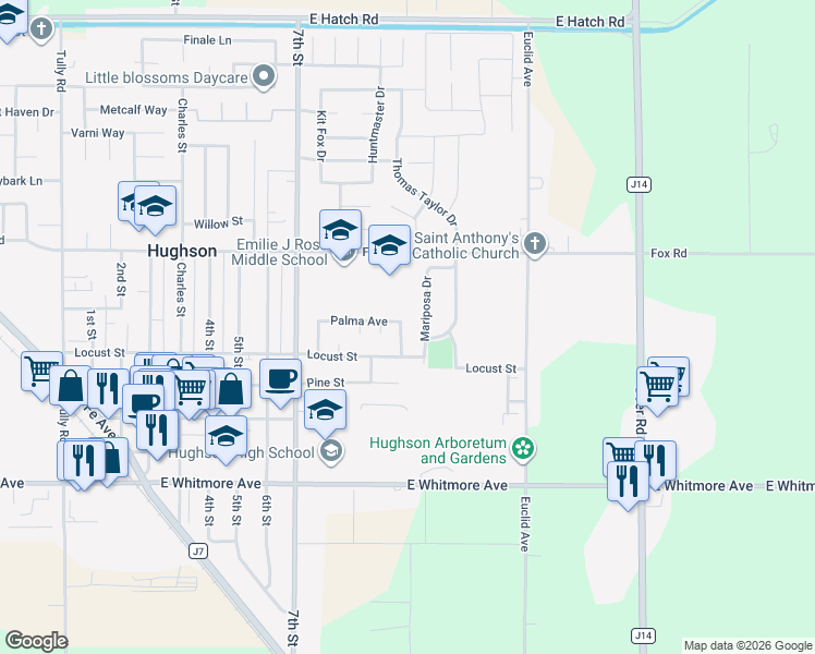 map of restaurants, bars, coffee shops, grocery stores, and more near 2130 Dominic Avenue in Hughson
