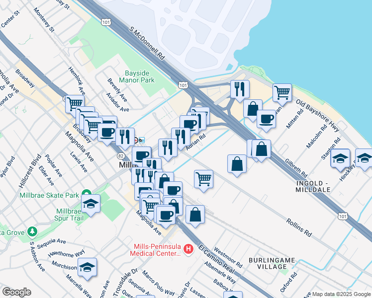 map of restaurants, bars, coffee shops, grocery stores, and more near 111 Rollins Road in Millbrae