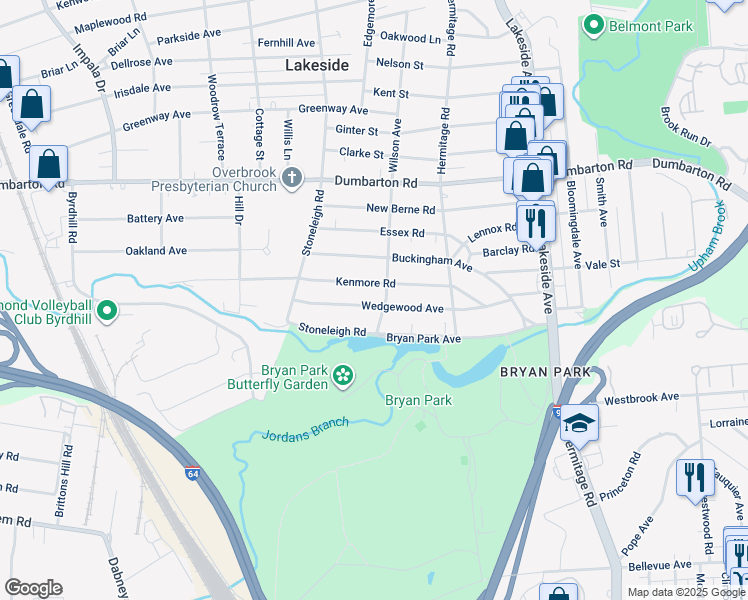 map of restaurants, bars, coffee shops, grocery stores, and more near 2402 Wedgewood Avenue in Richmond