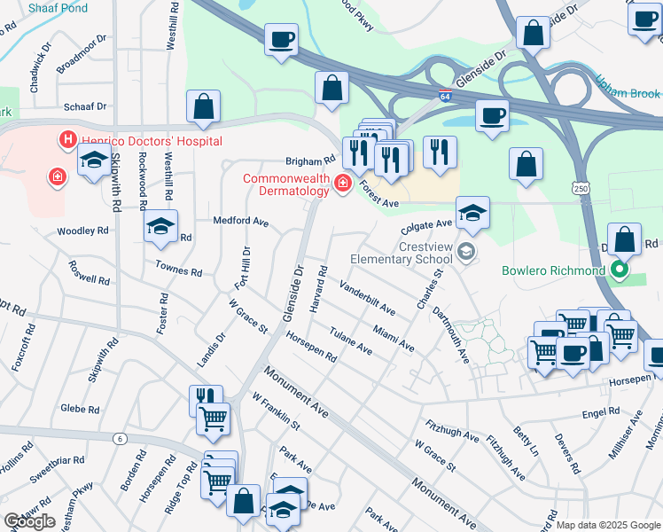map of restaurants, bars, coffee shops, grocery stores, and more near 1803 Harvard Road in Richmond
