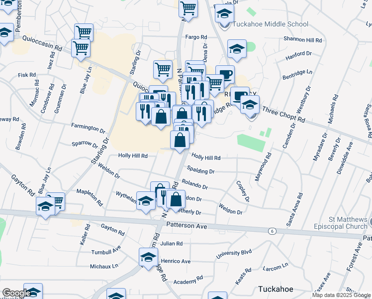 map of restaurants, bars, coffee shops, grocery stores, and more near 1408 North Parham Road in Henrico