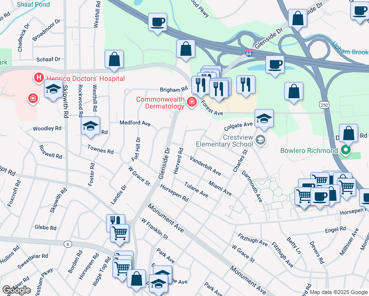 map of restaurants, bars, coffee shops, grocery stores, and more near 1803 Harvard Road in Richmond