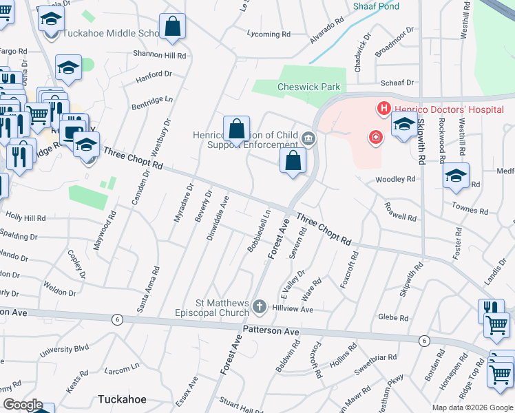 map of restaurants, bars, coffee shops, grocery stores, and more near 7907 Neuson Court in Richmond