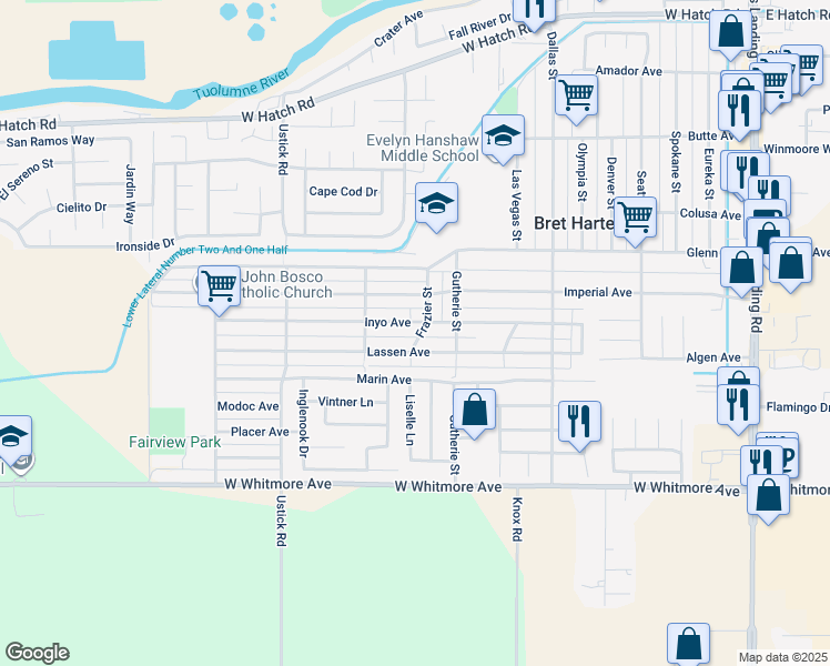 map of restaurants, bars, coffee shops, grocery stores, and more near 2033 Frazier Street in Modesto