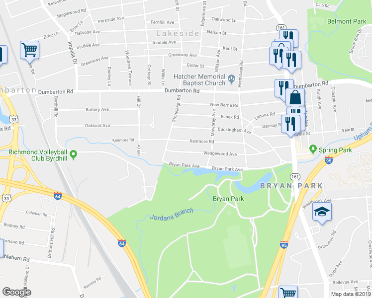 map of restaurants, bars, coffee shops, grocery stores, and more near 2418 Wedgewood Avenue in Richmond